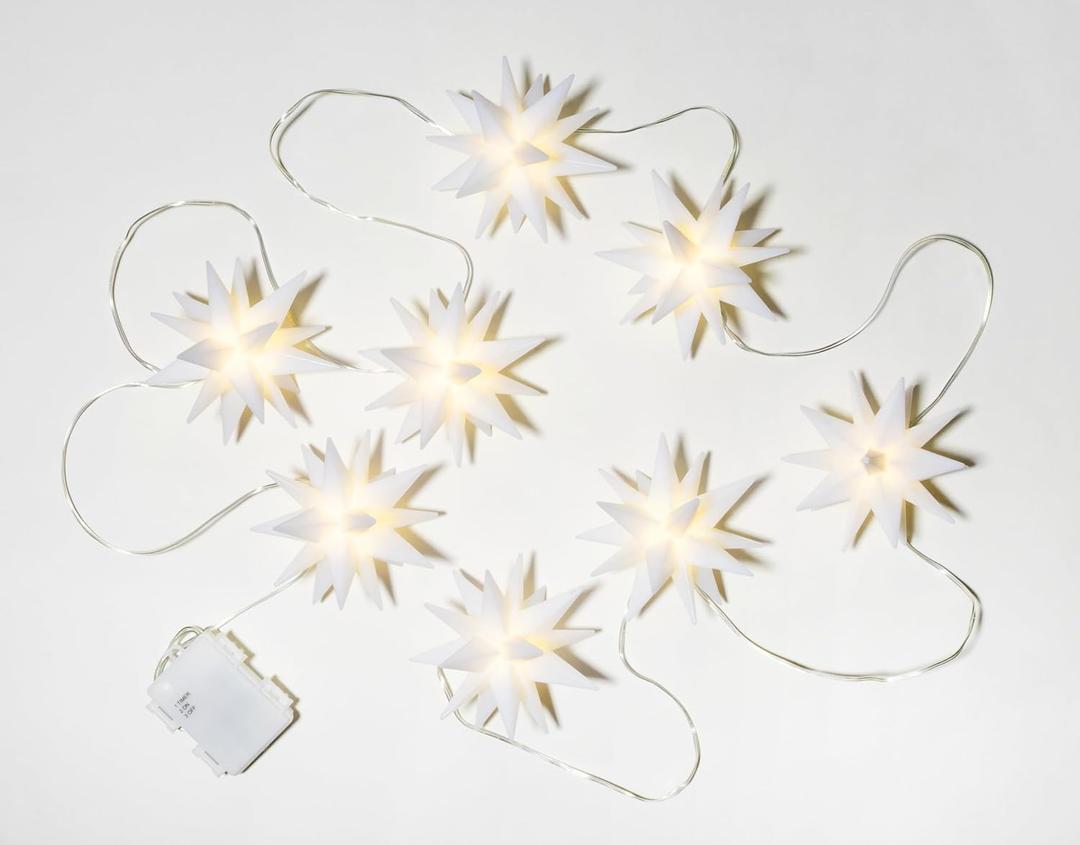 Elf Logic Set of Eight 4" LED Mini Moravian Star String Lights. Hanging Outdoor Christmas Lights, Holiday Decoration, Porch Lights, Advent Stars or Christmas Tree Lights.