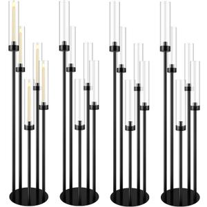 Tessco for you 5 Arm Candelabra Centerpieces for Tables 42.5'' Tall Floor Candle Holder Metal Candlestick Stand with Acrylic Lampshade for Wedding Holiday Birthday Party Decor (Black,4 Set)