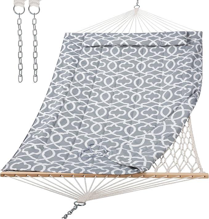 SUNCREAT Hammocks Heavy Duty Hammock with Hardwood Spreader Bar, Double Rope Hammock with Polyester Pad, Grey