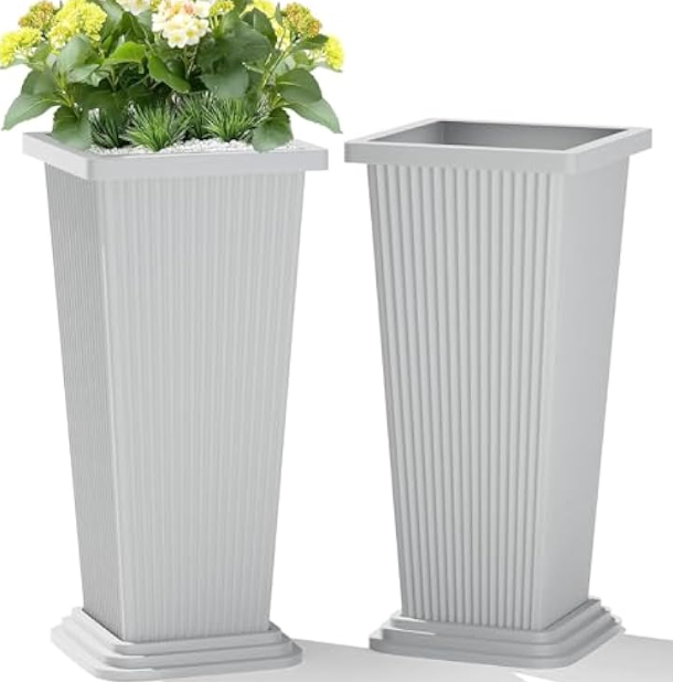 Front Porch Planters Outdoor Set of 2, 24" Tall Plastic Planters for Outdoor Plants with Drainage, Extra Large Outdoor Planter Pots, Tapered Tall Planters for Front Door & Indoor Plants, White, Chipped Paint