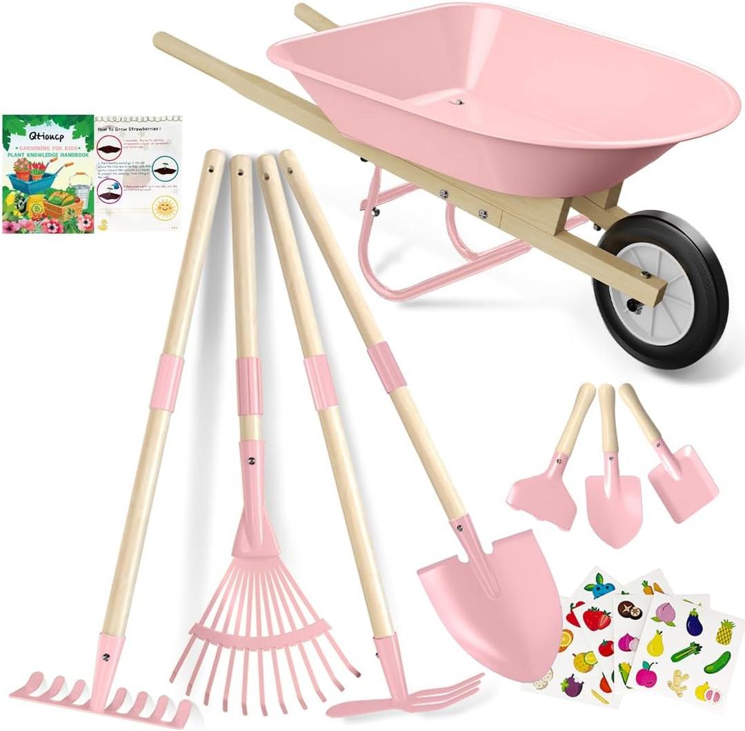 Qtioucp Kids Wheelbarrow Set with Gardening Tools Outdoor Backyard Garden Play for Toddlers Boys Girls 3-8, with Shovel, Rake, Leaf Rake, Easter Birthday Gifts (Pink Garden Set)