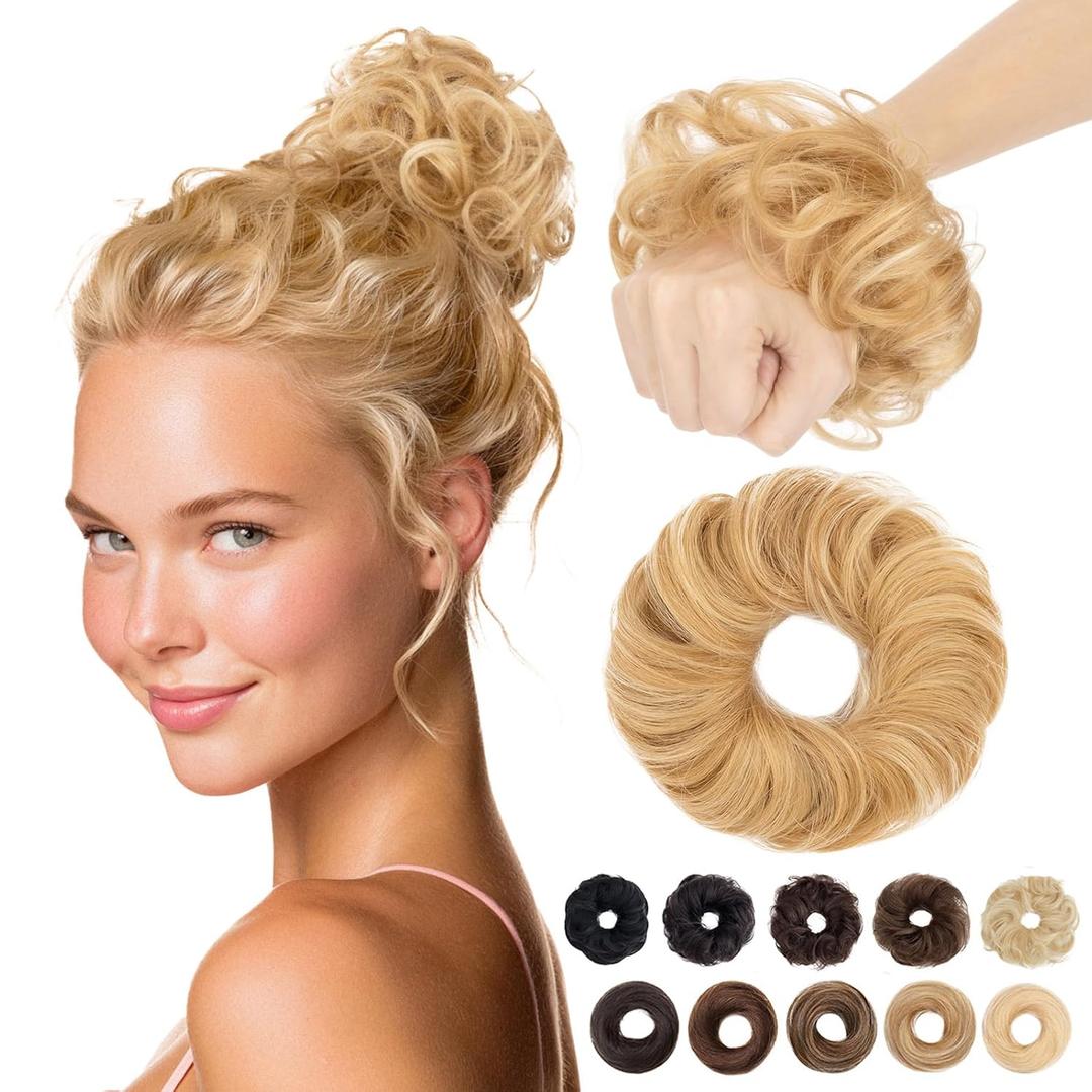 MY-LADY Messy Bun Hair Pieces Human Hair for Women Real Hairpiece Wavy Scrunchies Tousled Updo Donut Chignon Ponytail Extension Ash Blonde & Bleach Blonde