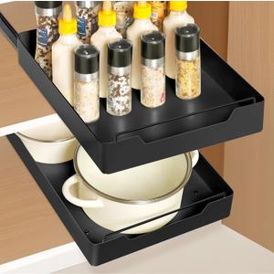 QwayHome Pull Out Cabinet Organizer Fixed With Adhesive Nano Film 16.9" Deep, Heavy Duty Slide Out Cabinet Organizer, Pull Out Drawers Organizer for Kitchen, Bathroom, Room Storage (12" W x16.9 D)