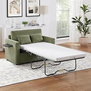 Twin Size Sofa Bed 47.2" Sleeper Sofa Loveseat Sofa with a Foldable Mattress, a Foldable Side Table, a Side Storage Pocket and Two USB Ports for Living Room, Green