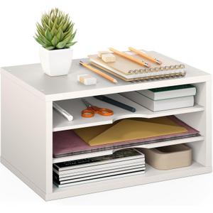 Ballucci File Organizer, 3-Tier Document Paper Sorter, Stackable Wood Desk Organizer, Mail Sorter and Monitor Stand with Storage Shelves, White