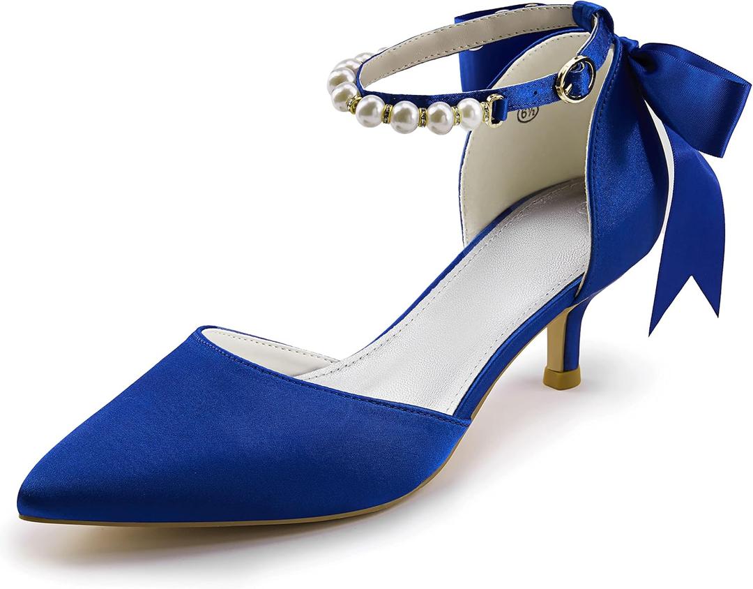 Coutgo Womens Pearl Ankle Strap Pumps Low Kitten Heel D'Orsay Satin Back Tieknot Heels Pointed Toe Wedding Party Dress Shoes (Blue) Size 7
