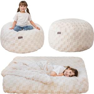 MAXYOYO Kids Bean Bag Chair Bed, Convertible Children Bean Chair to Floor Mattress with Filler, Bean Bag Bed Stuffed Child Sofa Couch for Girl Boy Sleeping, Machine Washable Cover, Plaid Beige