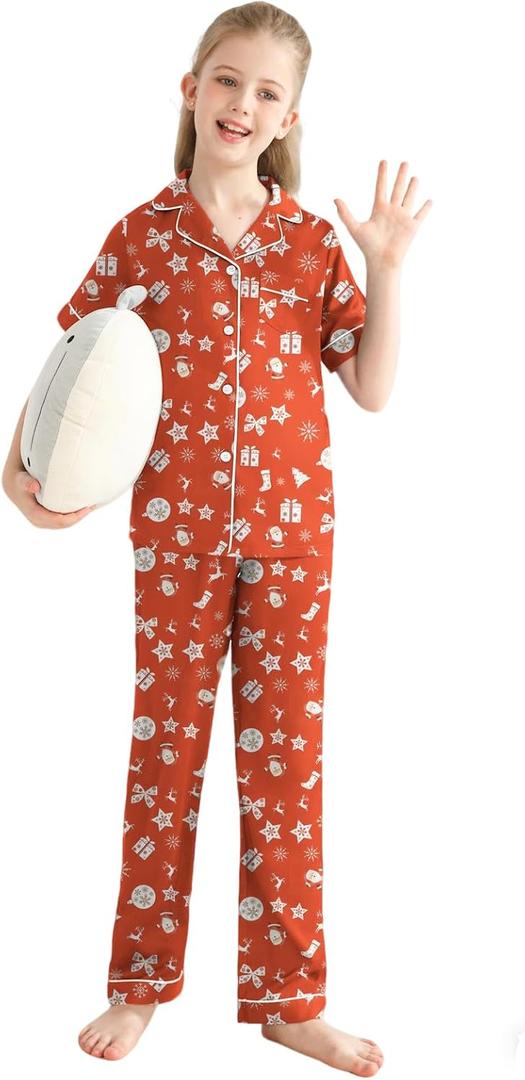 Veseacky Girls Silk Pajamas Short Sleeve Pjs for Kids Satin 2 Piece Lounge Sets Button Down Sleepwear with Long Pants (Christmas Red,8y 9y)