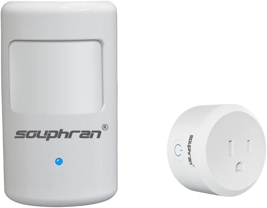 Upgraded Plug-in Motion Activated Light Control, Souphran Wireless Motion Detector and Plug Set, No Wiring, Adjustable Detection Range, Always-on Timer and Light Sensor, (1 Pack-new)