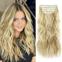 Clip in Long Wavy Synthetic Hair Extension 20 Inch 4PCS Dark Golden Mix Beige Blonde Highlights Hairpieces Thick Double Weft Hair Extension for Women (4pcs, 20Inch, P86/613#)