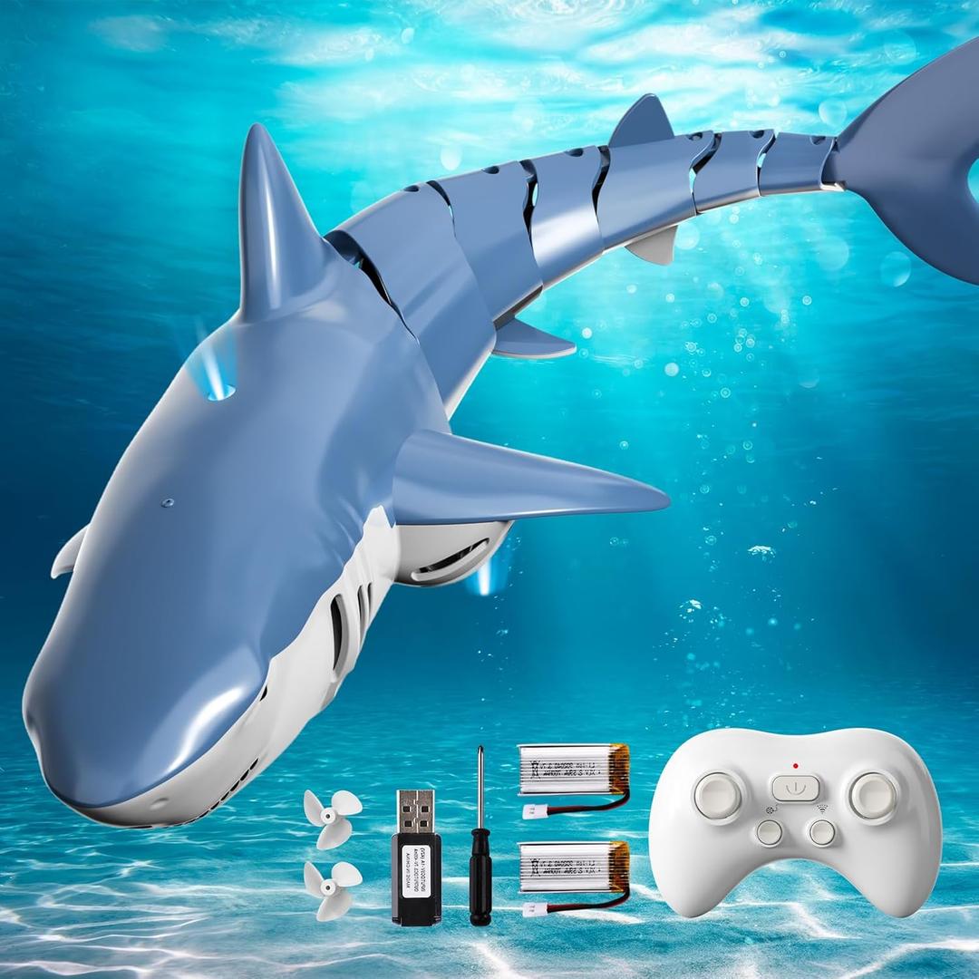 2.4GHz Remote Control Shark Toy for Pool, 1:18 Scale High Simulation RC Shark with Light & Spray Water, Electric Remote Controlled Swimming Water Toy Boat for 4 5 6 7 Year olds Kid Boys Girls (Blue)