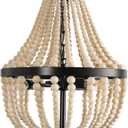3-Light Plug in Chandelier Dimmable and Timer Mini Wood Beaded Bohemian Pendant Light Fixture with 16.4ft Swag Cord,Black Metal Finish Natural Color Beads,Dining Room,Living Room,Foyer,Bedroom