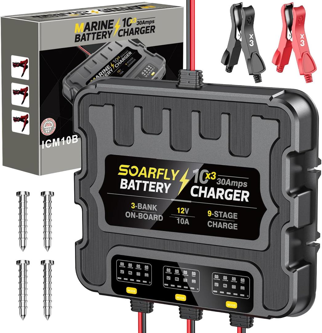 3 Bank Marine Battery Charger, 12V 30A (10A/Bank) Smart Waterproof Onboard Boat Battery Charger, Battery Maintainer & Desulfator for SLA/AGM/Lithium (LiFePO4), Calcium and Deep-Cycle Batteries