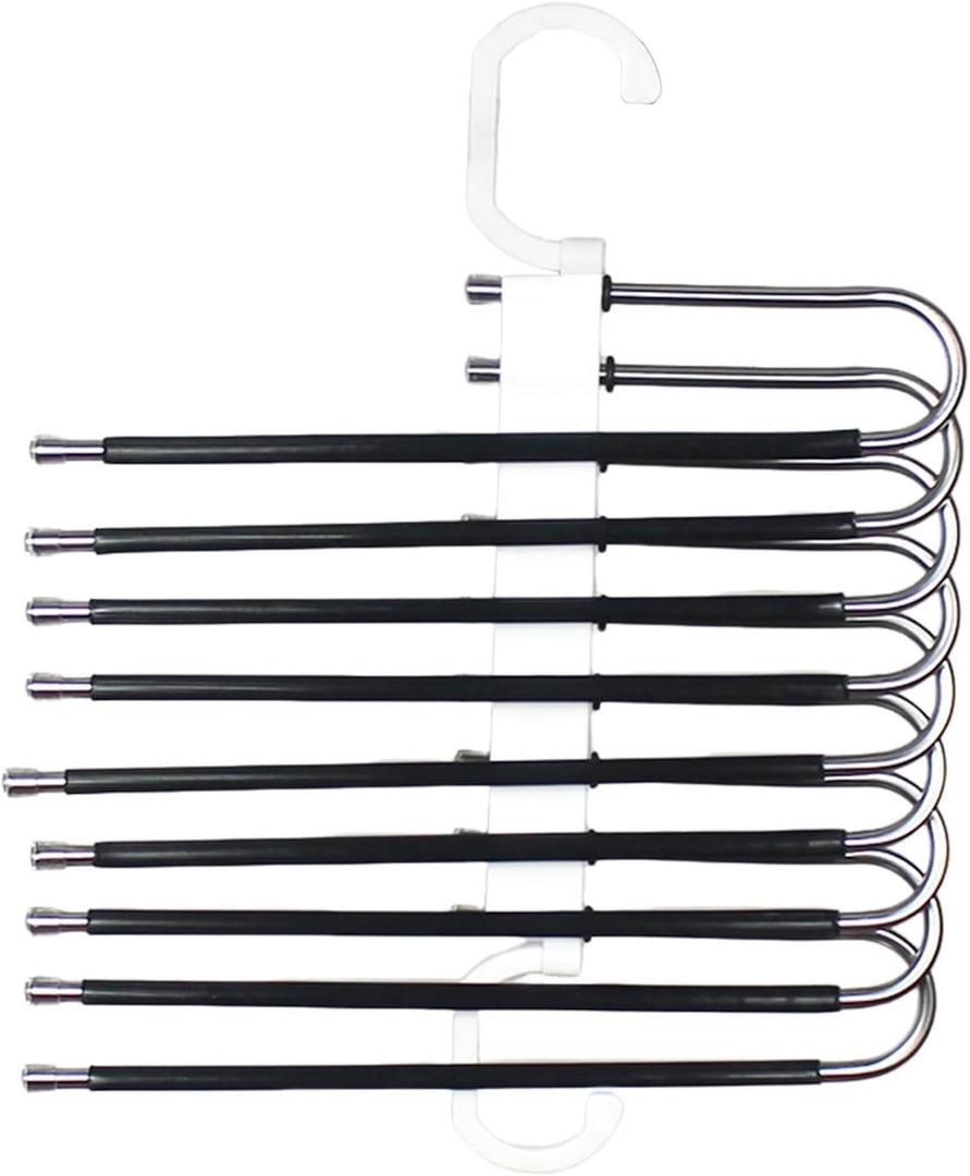 Grebest Pants Hanger Multi-Layer Trouser Rack Storage Holder Anti-Slip Foldable Design Stainless Steel Clothes Hanger Scarf Holder Black B
