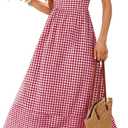 Caracilia Womens Maxi Dresses Gingham Spaghetti Strap Back Smocked Flowy Long Sundress Summer Beach Vacation Clothes 2026 L