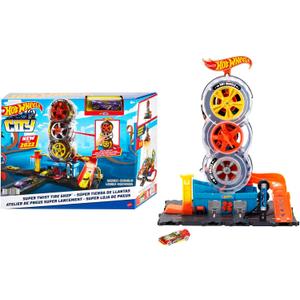 Hot Wheels City Super Twist Tire Shop Playset, Spin The Key to Make Cars Travel Through The Tires, Includes 1 Car, Gift for Kids 4 to 8 Years Old 