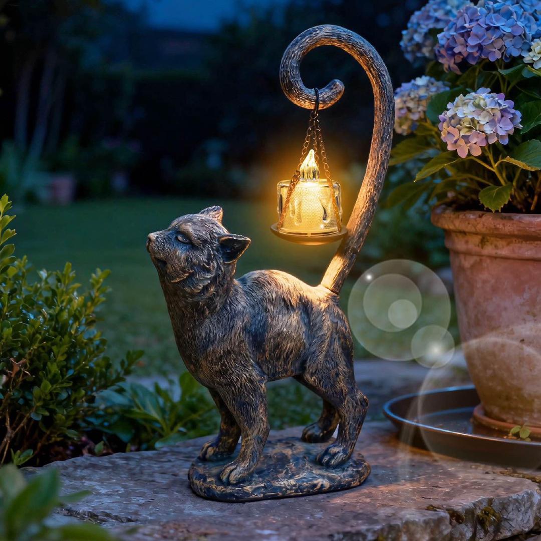 Standing Cat Garden Statue Candle Holder for Outdoor Garden Patio and Indoor Decor for Cat Lovers Women and Home Ambiance Brass