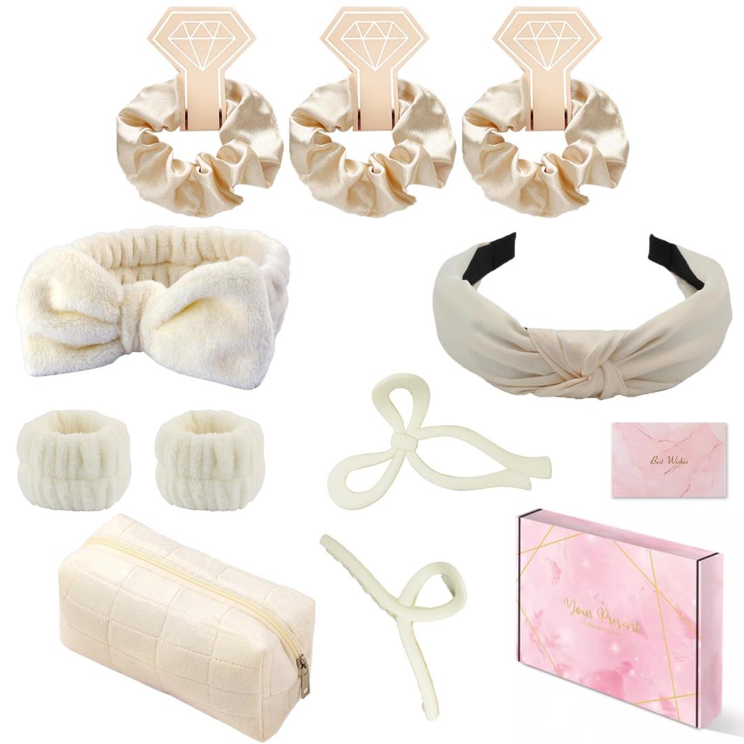 Spa Headband and Wristband Set Top Knotted Headbands Big Hair Claw Clips Butterfly Hair Accessories Satin Silk Scrunchies Quilted Makeup Bag Blank Cards Gift Box Gifts for Women and Teen Girl Gifts (Exquisite packaging Type A, off white 12 Pack)