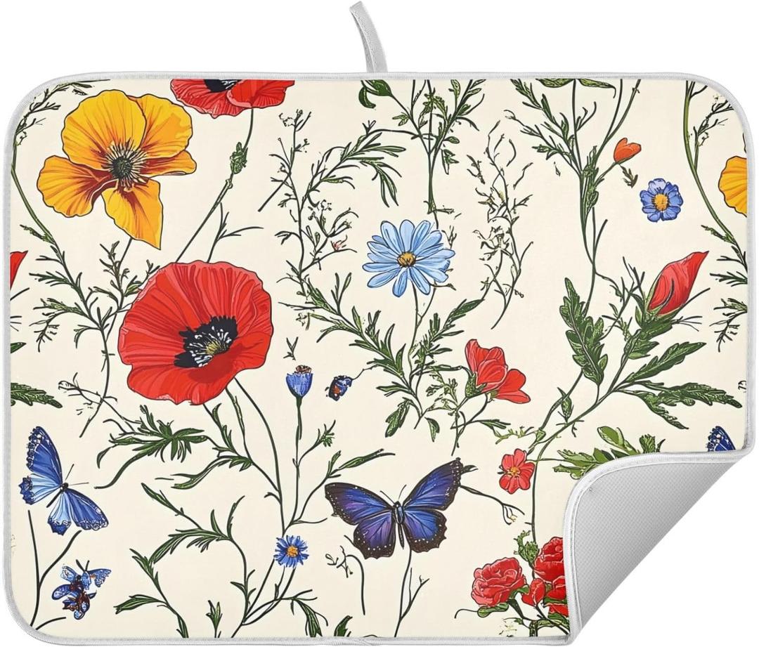 Butterfly Red Tulip Wildflower Dish Drying Mats for Kitchen Counter, 18x24 inch Drying Dishes Absorbent Microfiber Dish Drainer Mat Rack Pad Fast Dry (Mult1)