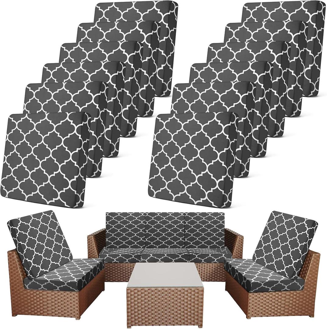 Newwiee 12 Pcs Patio Cushion Covers Outdoor Stretch Sofa Couch Cover Replacement Couch Slipcover Sofa Seat Chair Porch Patio Furniture Protector, Flexibility Washable(Dark Gray,Moroccan)