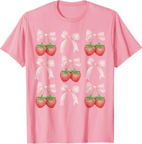 Cute Pink Bow Coquette Strawberry Clean Girl Aesthetic T-Shirt (Small)