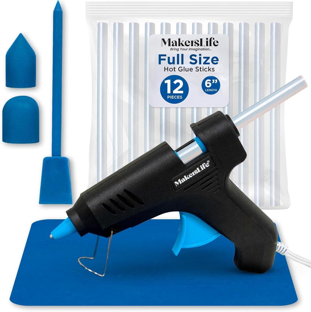 Full Size Hot Glue Gun for Crafts. A full size glue gun kit with built-in stand, 12 Full Size Glue Sticks, Silicone Mat, 3-In-1 Crafting Tool, Round & Pointed Tip Finger Guard.