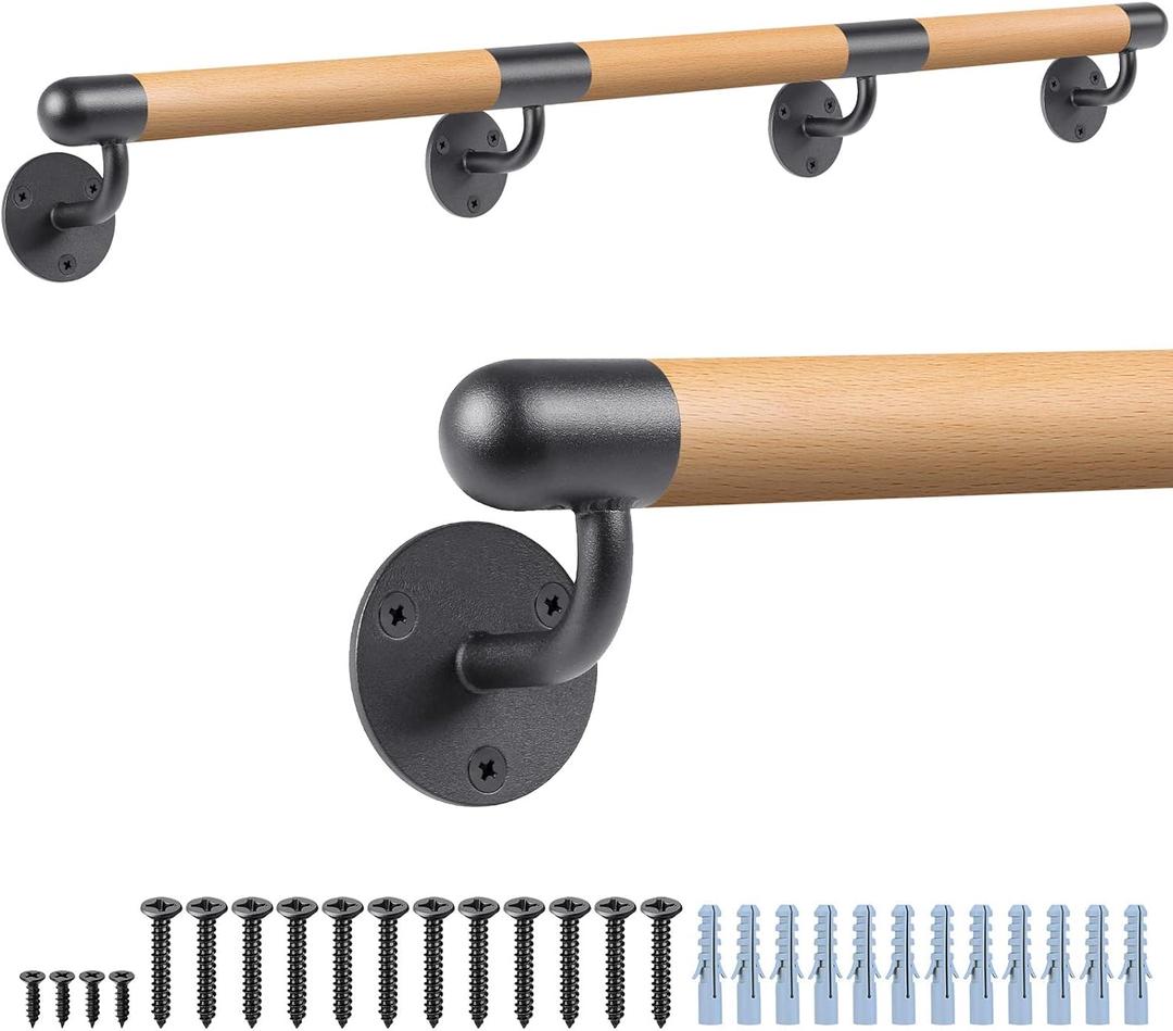 Dolibest 100 Inch Wood Indoor Stairs Wall Mount Handrail w/Sturdy Metal Barckets, Non-Slip and Comfortable Handrail Barrier-Free Staircase Grab Bar for Elderly, 1-1/2'' Round
