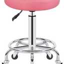 Adjustable Height Chrome Steel Bar Stool Round Cushion 13inch, Salon Rolling Stool Swivel Chair On 5 Wheels, Counter Stools (Color : Pink)