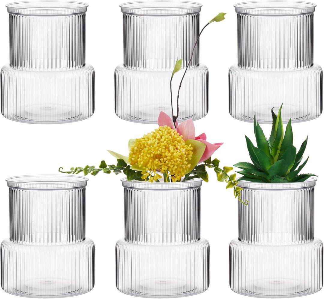 6 Pack Plastic Flower Vases Bulk, Small Clear Modern Ribbed Bud Vase for Centerpieces Wedding Home Decorations, Holder for Flower Plants Bouquet, 4.7 Inches