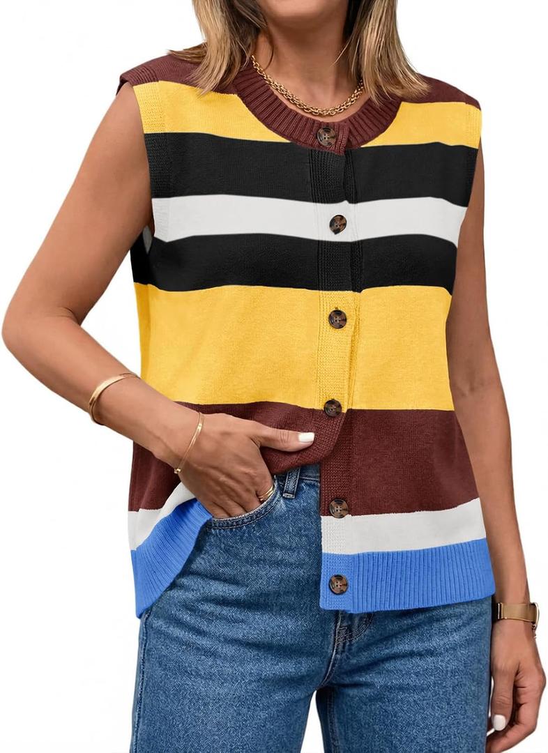 Tankaneo Womens Color Block Striped Sweater Vest Tops Summer Casual Button Up Knit Sleeveless Cardigan Tank Tops (L)
