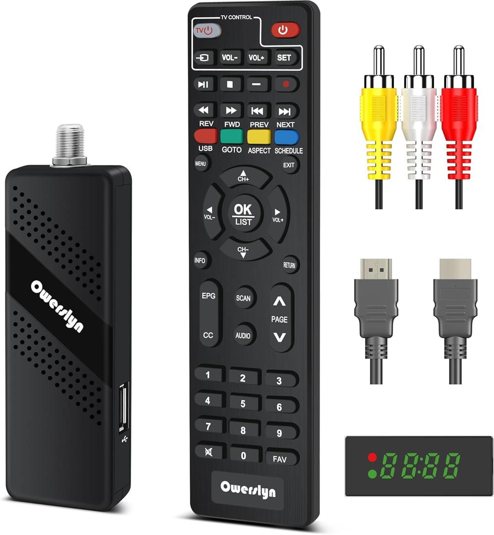 2025 Upgraded Digital Converter Box for TV, OWERSLYN Invisible ATSC Cabal Box with TV Tuner, DVR Recording & Playback, USB Media Player, HDMI/AV Output 1080P, Timer, Set Top Box, 2in 1 Remote