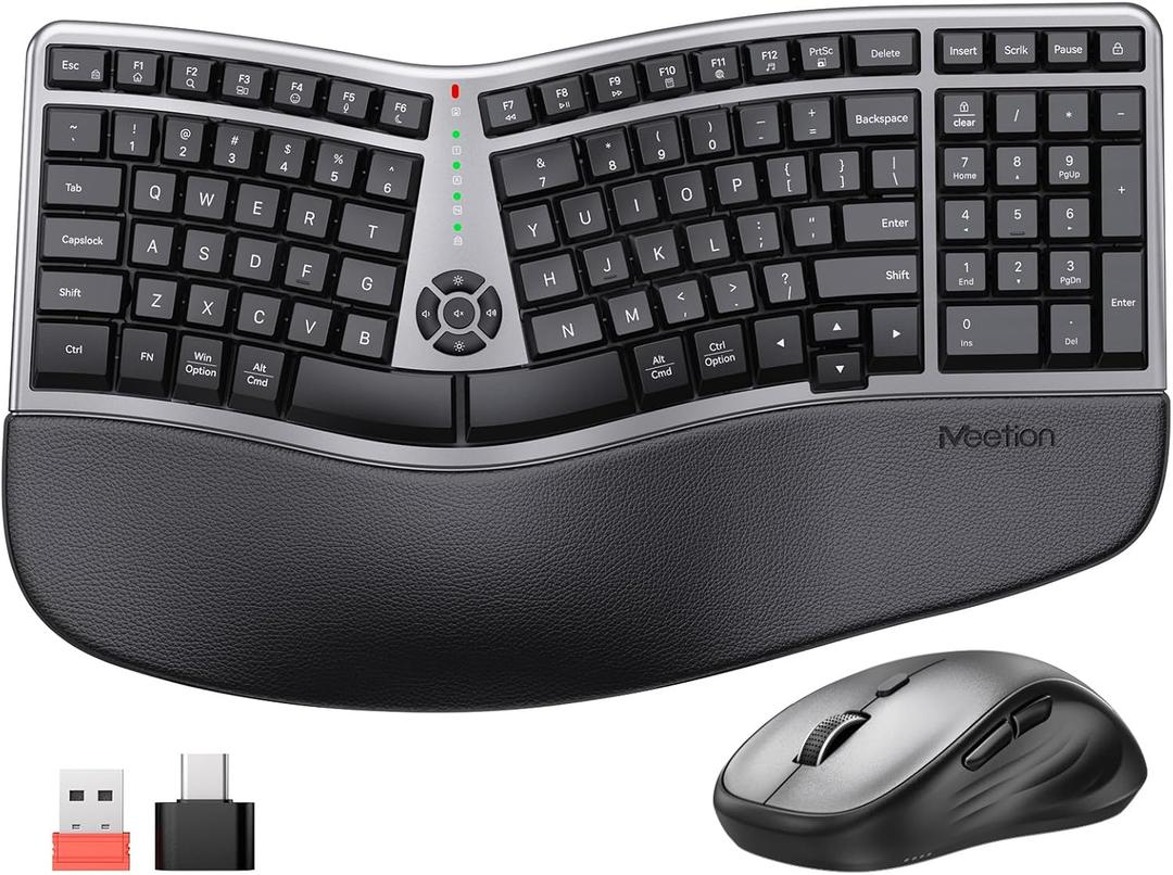 MEETION Ergonomic Wireless Keyboard and Mouse Combo, 2.4G Curved Compact Keyboard with Cushioned Palm Rest, 4 Level DPI Adjustable Wireless Mouse, for Windows/Mac/Desktop/Laptop/PC, Gray Black