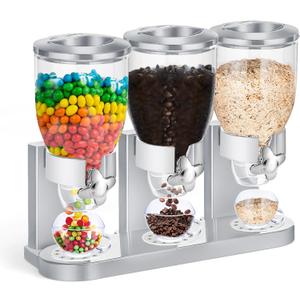 Umigy 1 Pack Triple Indispensable Dry Food Dispenser 67oz Each Capacity Cereal Container for Storage Preserving Dispensing Kitchen Rice Candy Nuts Dog Food Granola Snack Gumball Countertop (Silver)