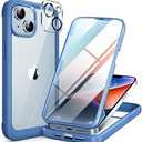 Miracase Glass Series for iPhone 14 Case 6.1 inch, [Built-in Tempered Glass Screen Protector] [Bubble Free] Full-Body Protective Bumper Phone Case with Camera Lens Protector, Blue