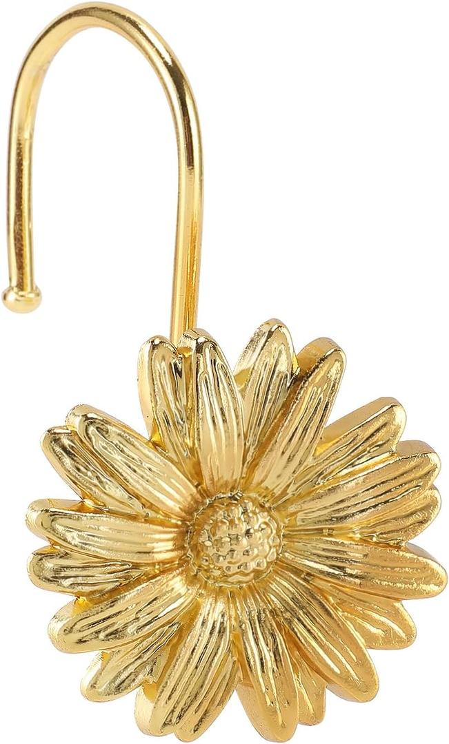 Metal Daisy Shower Curtain Hooks, Rust-Resistant Hooks for Shower Curtain Rods, Set of 12, Bathroom Daisy Flowers Heavy Duty Design Beautiful Floral Decoration (Gold)