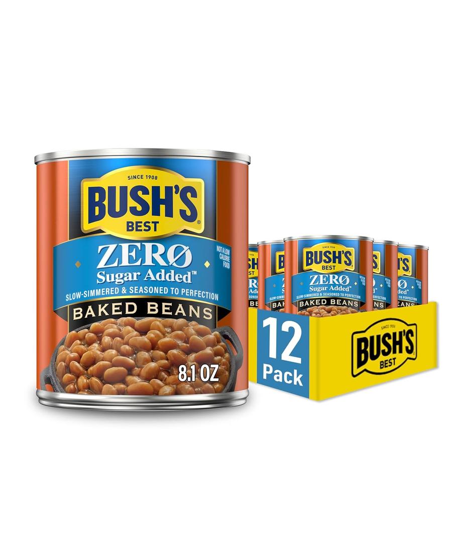 BUSH'S BEST 8.1 oz Canned Zero Sugar Added Baked Beans, Source of Plant Based Protein and Fiber, Low Fat, Gluten Free, (Pack of 12) (EXP 10/01/27)