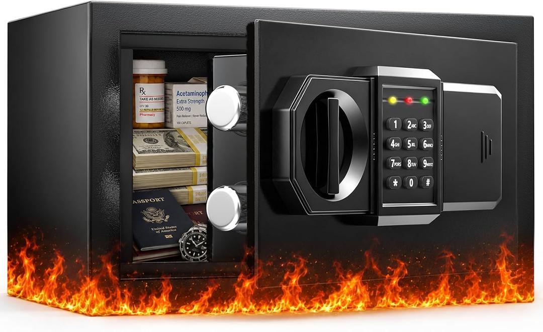 1800°F/ 35 Min Small Fireproof Safe, 15.25 Lbs Heavy Duty Safe Box | Mini Fire Safe with Alarm System, Digital Keypad, Silent Mode, LED Light, Hidden Hinges & External Battery Compartment, 0.5 Cub