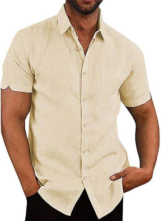 JEKAOYI Button Down Short Sleeve Linen Shirts for Men Summer Casual Cotton Spread Collar Beach Shirts (Beige, X-Large)