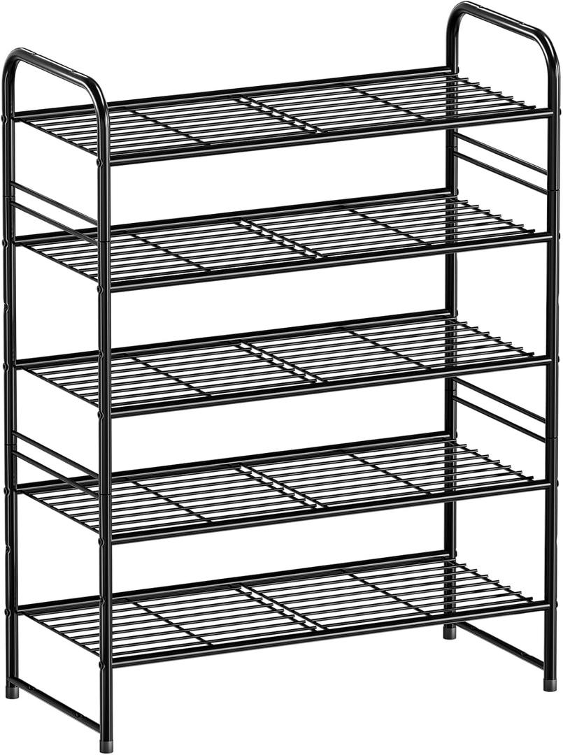 MWQ 27Wide Shoe Rack, 5 Tier Metal Shoe Organizer Storage Shelf for Closet, Stackable & Adjustable, Black
