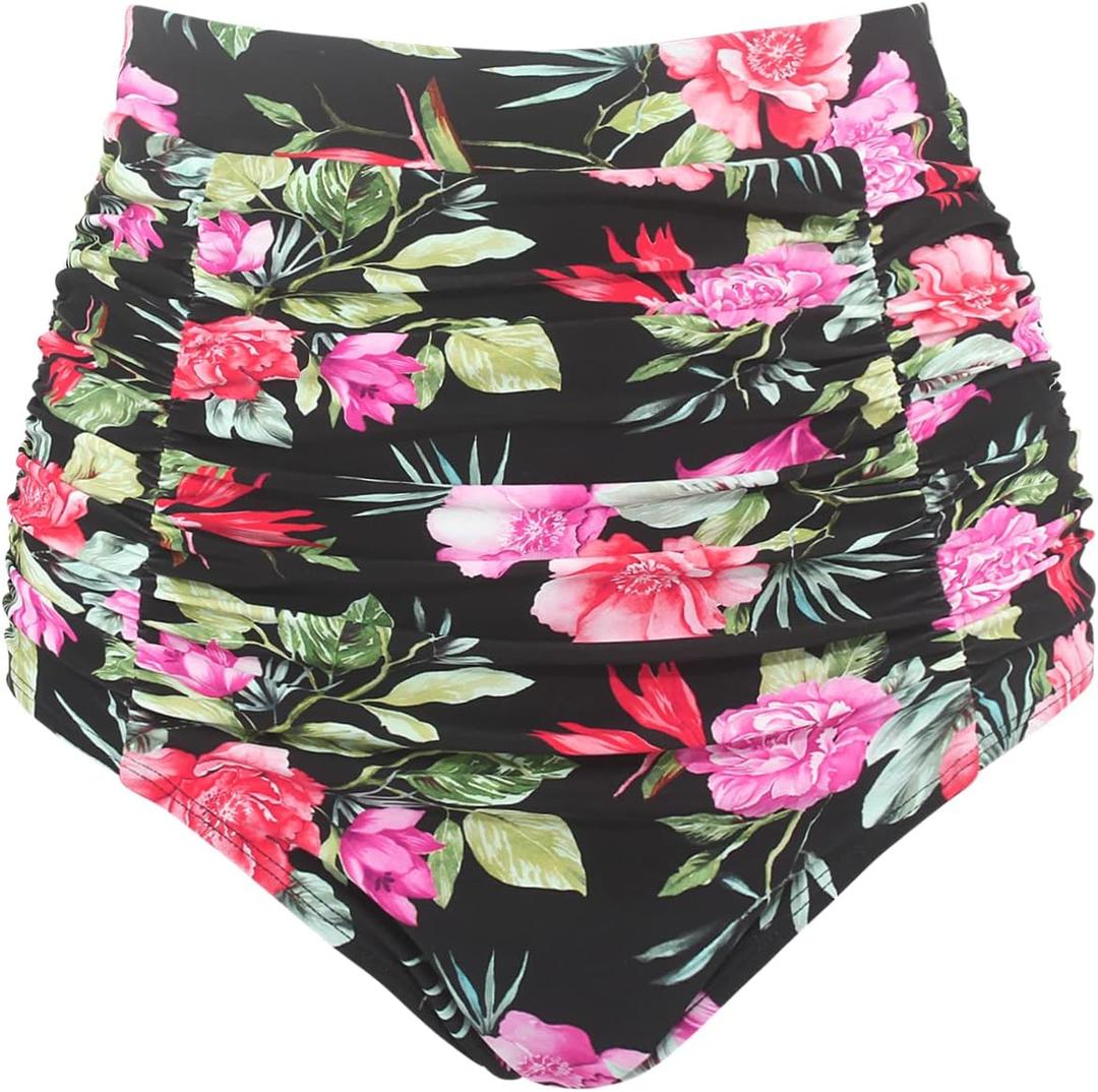 RELLECIGA Women's High Waisted Bikini Bottom Tummy Control Ruched Full Coverage Swim Bottom (Large, Peony Print)