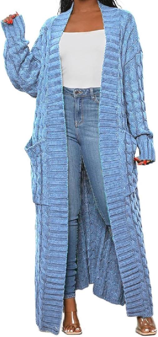Womens Stylish Cable Knit Dual Chunky Cardigan with Pockets (X-Large, Cardigan-lake Blue)