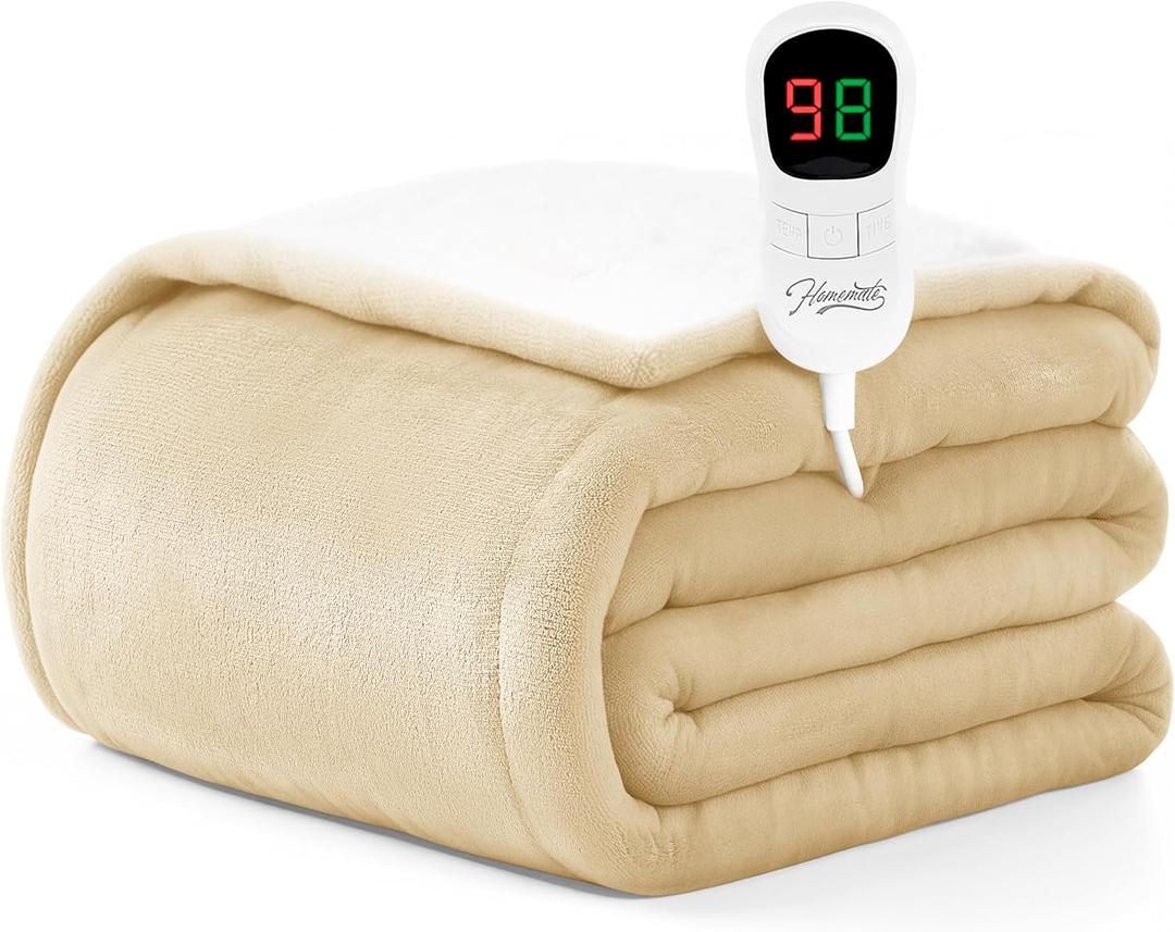 Homemate Electric Heated Blanket Twin Size - 62"x84" Heating Blanket Twin Size 1/2/4/6/8 Hours Auto-Off 10 Heat Level Over-Heat Protection Flannel Sherpa ETL Certification (18 - Light Beige)