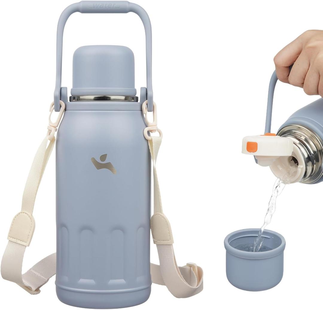 Insulated Water Bottle with Handle and Strap,Vacuum Travel Tumbler with Cup Lid,Thermo Coffee Cup for Hot Cold Drinks 40 OZ,Blue Haze