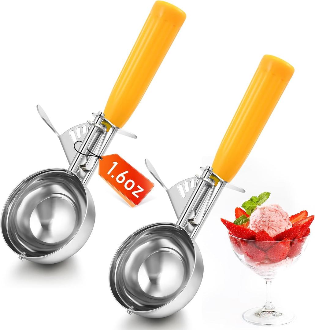 2 Pcs Release Cookie Scoops Ice Cream Scooper with Trigger Release Portion Scoop Stainless Steel for Portion Control, Baking Food, Cookie Dough, Cupcake Batter (1.6 oz,Yellow)