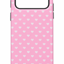 Pink Phone Case with White Heart Pattern and Black Camera Cutout.