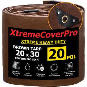 20' x 30' Brown Tarp - 20mil Waterproof & UV Protection Brass Grommets Reinforced Corners Heavy Duty 20x30 ft for Outdoor Rain Camping Tent Greenhouse roof Leak Ground Cover Leakproof Shade