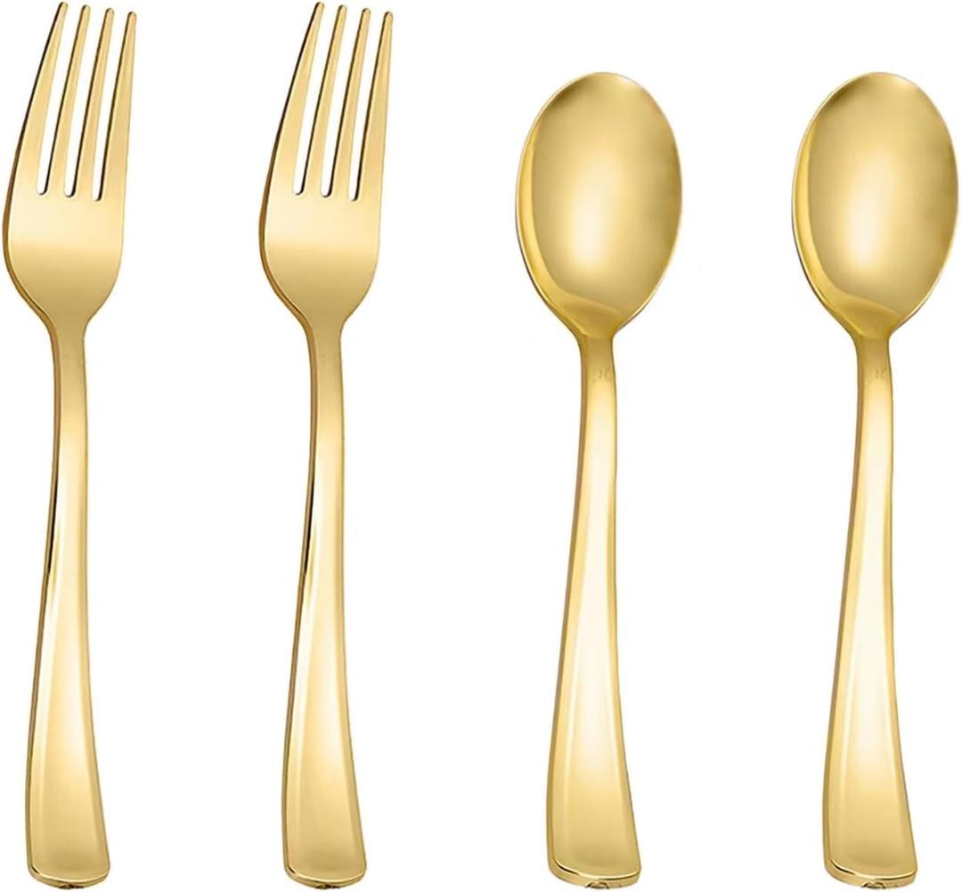N9R 100PCS Gold Plastic Silverware, Heavy Duty Disposable Cutlery Set for Parties, Disposable Plastic Spoons and Forks Includes 50 Gold Spoons and 50 Forks for Wedding, Birthday, Dinner