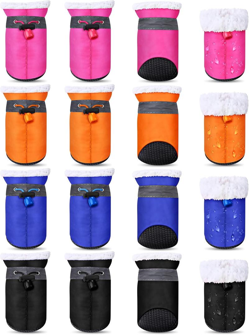 Weewooday 4 Sets 16 Pcs Waterproof Dog Shoes Rain Snow Boots Paw Protectors Breathable Dog Winter Boot Anti Slip Sock Shoe with Adjustable Drawstring for Pet(Blue, Black, Pink, Orange,No. 4, 5x4.5cm)