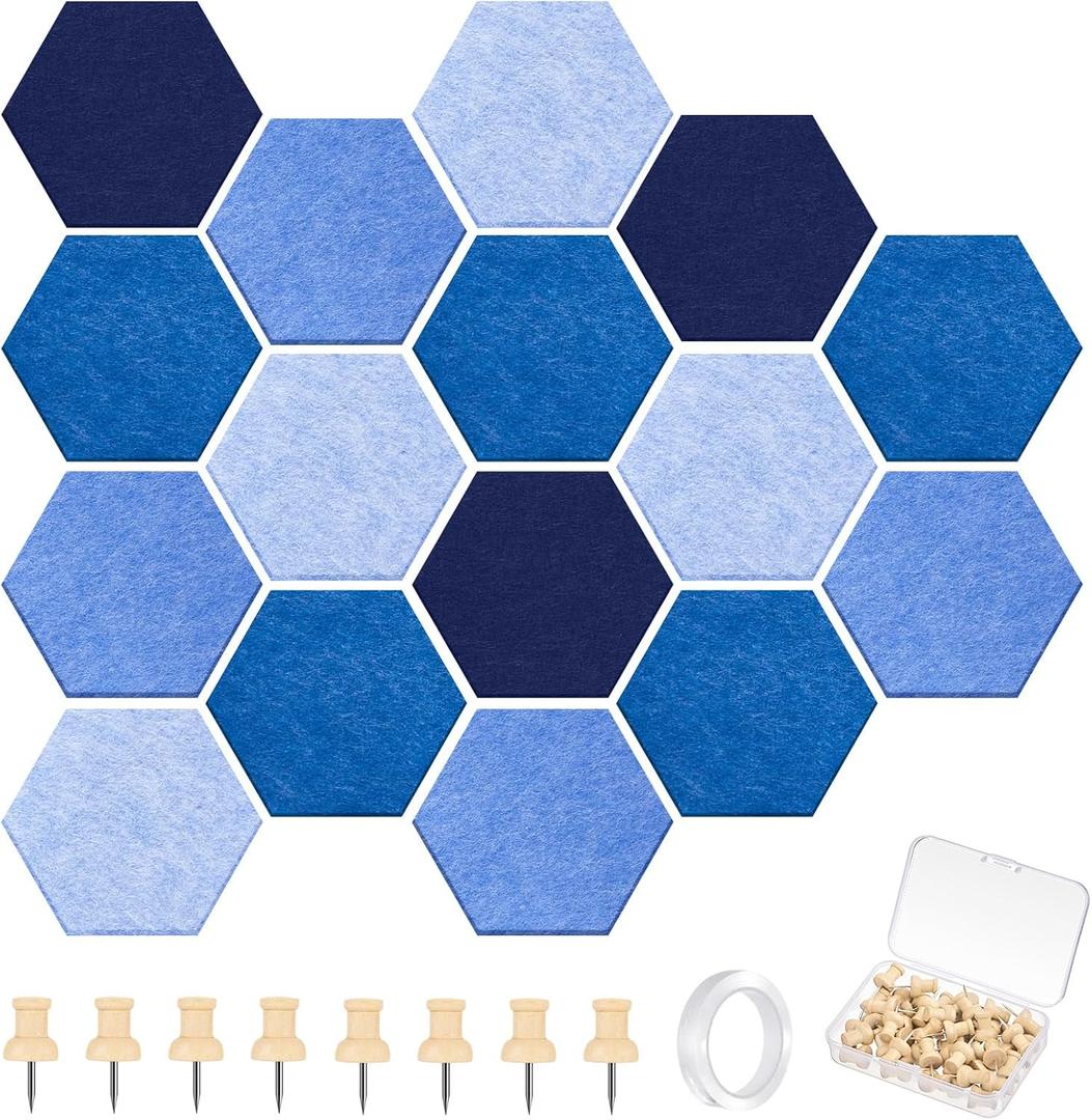 16 Pcs Hexagon Cork Board for Walls with 50 Wooden Push Pins 6.7 x 5.9 in Felt DIY Tiles Notice with Nano Tape Hanging Bulletin Board for Home Photo Office Memo Note(Ocean)