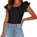 PRETTYGARDEN Women's Ruffle Short Sleeve Shirts 2026 Summer Casual Basic Tee Cute Fitted Crew Neck Fashion Tops Clothes (Black, M)